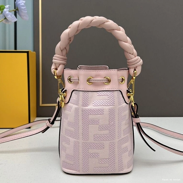 Affordable HOT Motif Mini with Bucket Tresor Pink Handle In Bag FF Fendi Mon Woven Canvas 0727